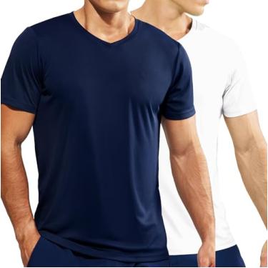 Imagem de Haimont Camisetas esportivas masculinas com gola V, leve, academia, corrida, manga curta, absorção de umidade, proteção UV, Branco/Azul marinho, 3G