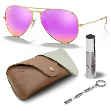 Imagem de Ray-Ban Óculos de sol RB3025 AVIATOR FLASH LENSES em forma de piloto para homens e mulheres com kit oficial de óculos RAYBAN, Armação dourada fosca | Lente flash cíclame, 58 mm