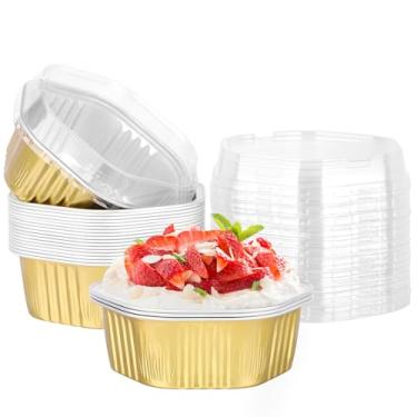 Imagem de Beasea Copos de cozimento descartáveis com tampas, pacote com 20 382.7 g 400 ml, formas de ramequins hexagonais, cupcake, sobremesas, recipientes individuais, pudim de creme brulee, latas de forno de