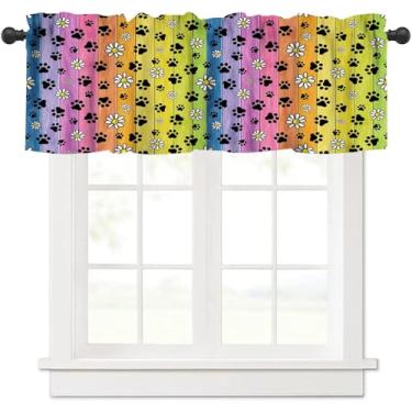 Imagem de Cortina de sanefa com estampa de pata, placa de madeira colorida, flor rústica, gato, cachorro, pegadas, manchas, janelas, tratamento de janelas, cortinas para banheiro, quarto, sala de estar, cozinha