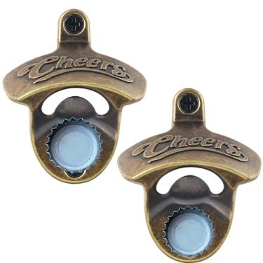 Imagem de HAIICEN Abridor magnético de garrafa de cerveja Cheers montado na parede com ímãs, bronze antigo Cheers montado na parede abridor de topo de cerveja magnético (pacote com 2)