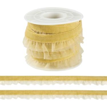 Imagem de FASHEWELRY 1 rolo de renda de veludo com babados e fitas elásticas de 1,5 cm Goldenrod fita de organza plissada de veludo de 1,5 m para embrulho de presente, decoração de Natal, confecção de costura