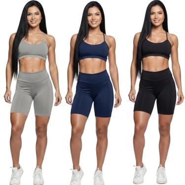 Imagem de KIT 3 Conjunto Top Alça Fina e Bermudinha Suplex Vekyo Roupa Para Academia Moda Fitness Musculação-Feminino