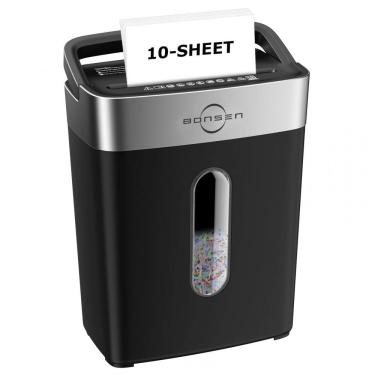 Imagem de Fragmentadora de Papel Bonsen 10 Folhas Cortes Cruzados para Casa e Escritório, Nível de Segurança P4, Alça Portátil, Cesto de 15 Litros