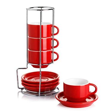 Imagem de Sweese 4 xícaras de café expresso empilháveis de porcelana com pires e suporte de metal, conjunto de 4, vermelho