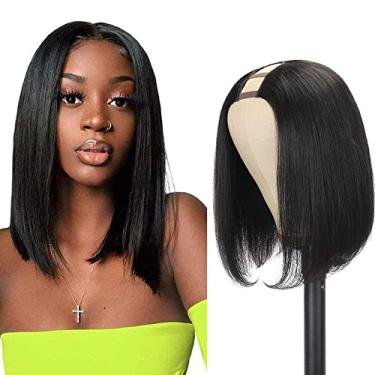 Imagem de UDesire Peruca de cabelo humano liso Bob perucas para mulheres negras, cabelo Remy brasileiro de 20 cm, perucas de cabelo humano curto com clipe em U peruca extensões de cabelo humano cor preta natural