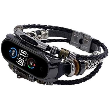 Imagem de TwiHill Pulseira Para Xiaomi Mi Band 6 Moda Couro Beading Pulseira Strap Weave Braideds Pulseira De Reposição Ajustável Artesanal Para Xiaomi Mi Band 6 Smart Fitness Tracker Para Mulheres Homens, Pulseira Mi Band 6 (Couro preto & concha negra)