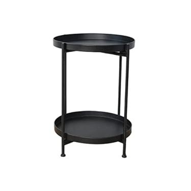 Imagem de Mesa lateral redonda de 2 níveis, mesa de centro de metal, mesa dobrável pequena para sala de estar, escritório, flor, mesa de centro preta para sala de estar