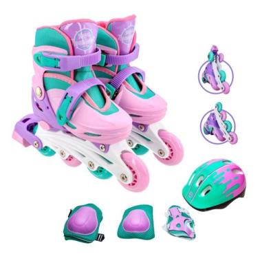 Imagem de Patins Inline  Roller Infantil Feminino Ajustavel 30-33 Kit Proteção -