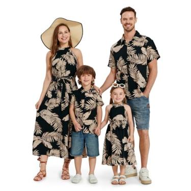 Imagem de PATPAT Roupas havaianas combinando para a família, vestidos para mamãe e eu, conjunto de combinação, vestido de verão e camisas com estampa floral tropical, Folha de palmeira preta, 8-9 Anos