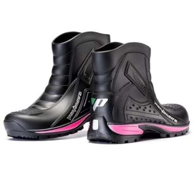 Imagem de Bota De Pvc Cano Curto Feminina Impermeável Preta Com Rosa Pantaneiro Borracha Motociclista Moto (41/42)