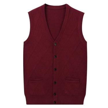 Imagem de Cardigã masculino sem mangas gola V malha colete botão losango casual vestido suéter térmico, Vinho tinto, 3G