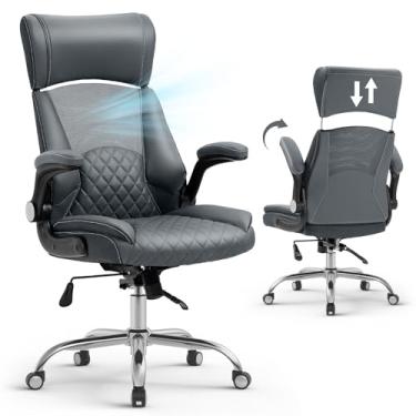 Imagem de YAMASORO Cadeiras de Escritório em Casa com Encosto Alto e Rodas, Cadeiras de Mesa Confortáveis com Apoio de Cabeça Ergonômico e Apoio de Braço Rebatível Cadeira de Mesa de Computador， Cinza