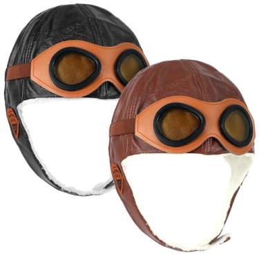 Imagem de Silicherry 2 peças de chapéu quente aviador piloto com gorro de lã de couro de pelúcia com protetores de ouvido de inverno presente para o Natal para crianças pequenas, verde escuro e marrom, Verde