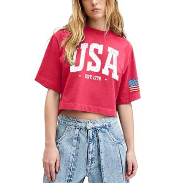 Imagem de Camiseta feminina com bandeira americana patriótica de 4 de julho camiseta manga curta Memorial Day camiseta cropped para meninas, #13 - Rosa quente, P