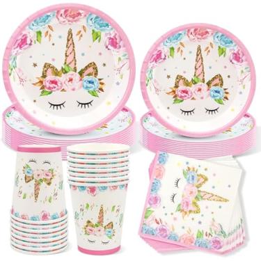 Imagem de YASYU Conjunto descartável de 64 peças de talheres de festa de unicórnio, inclui pratos de papel de unicórnio, copos e guardanapos para 16 crianças, ideal para chá de bebê de aniversário, decoração de