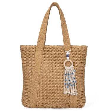 Imagem de Bolsas de verão grandes de palha para mulheres, viagens, praia, sacola de tecido, bolsa de ombro feita à mão, Marrom, Large, Boêmio