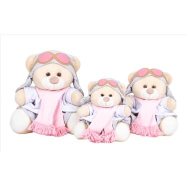 Imagem de Conjunto de 3 Ursos de Pelúcia com Vestidos, Aviadora 15/18/22 (Branco, Cinza e Rosa)