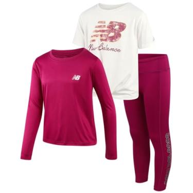 Imagem de New Balance Conjunto de camisetas e leggings para meninas – 3 peças, camisetas de manga curta e longa e leggings de desempenho para meninas (7-16), Orquídea, 14-16