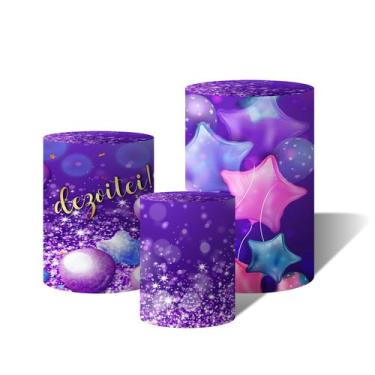 Imagem de Trio Capas Para Cilindro 18 Anos Dourado Balões Estrelas Glitter Roxo 