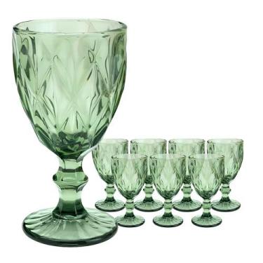 Imagem de Jogo 8 Taças de Vidro Diamond Diamante Verde 300ml Água Class Home