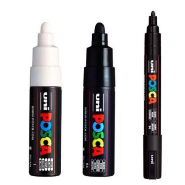 Imagem de Kit 3 Caneta Posca PC-5M Preta e PC-7M Preta e Branca Uni - Uni-Ball