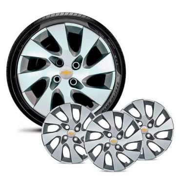 Imagem de Jogo 4 Calota Chevrolet GM Onix 2013 14 15 16 Aro 14 Prata Emblema Pra