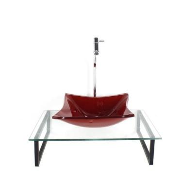 Imagem de Kit cuba de vidro quadrada 10mm vermelho ferrari tampo 50cm incolor co