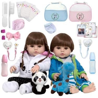 Imagem de 2 Boneca Reborn Gêmeos Casal Enxoval Completo Panda Girafa - Cegonha R