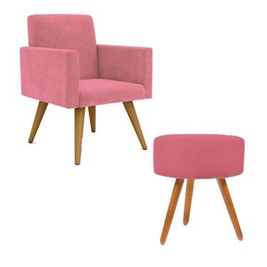 Imagem de Kit Poltrona Decorativa Pés PalitoPuff Redondo Sala Cor:rosa