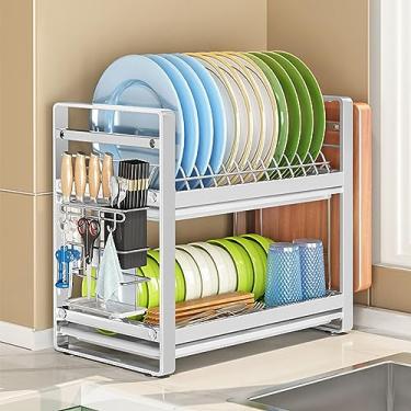 Imagem de Escorredor de pratos de cozinha 2/3 níveis com bandeja coletora, escorredor de pratos de aço inoxidável 304 com placa de drenagem e suporte de utensílios, organizador de cozinha