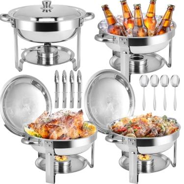Imagem de Pratos de fricção para buffet, conjunto de pratos de aço inoxidável com suporte de tampa, chafers redondos e conjuntos de aquecedores de buffet para casamentos, eventos, banquetes