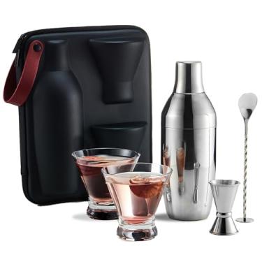 Imagem de KITESSENSU Conjunto de Coqueteleira com Estojo de Transporte: Coqueteleira Isolada A Vácuo com Filtro Embutido, 2 Copos de Martini, Coqueteleira de Medição, Colher de Mistura de Barra e Receitas de Co