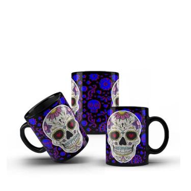 Imagem de Caneca Preta Porcelana Caveira Mexicana + Caixinha - RYLLO