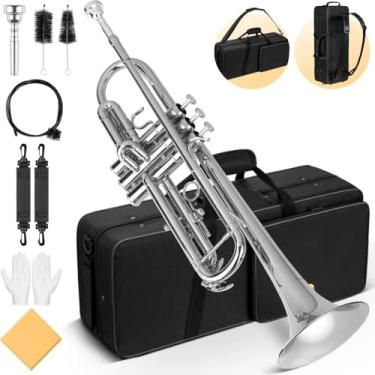 Imagem de Conjunto de trompete padrão Bb: instrumento de trompete de estudante de cobre com luva de bocal 7C de casca dura, adequado para orquestra de banda de estudante iniciante ou avançada （prata）