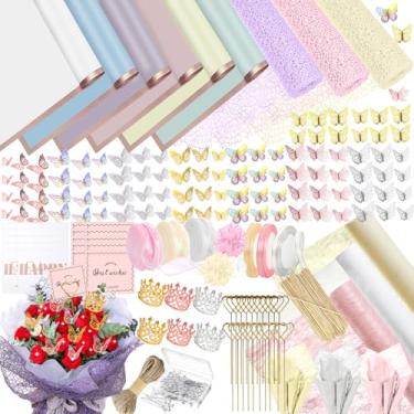 Imagem de Qiveaory 452 kits de papel de embrulho para buquês, 60 folhas, papel de embrulho impermeável, 120 folhas de papel de embrulho de algodão, 3 rolos, rede jacquard, coroas de borboleta, alfinetes, fita,