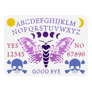 Imagem de FINGERINSPIRE Estêncil de tabuleiro de bruxa, 21 x 29,7 cm, respostas reutilizáveis, jogo de tabuleiro, número 0-9, alfabeto A-Z, modelo de traça, crânio, bruxaria, estêncil para pintura em madeira,