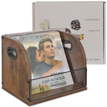 Imagem de VALOVEALL Caixas de disco de vinil para porta-discos de vinil, caixa de vinil para armazenamento de discos LP de madeira, comporta até 50 discos (cor retrô (1 unidade)), marrom vintage