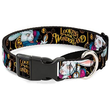 Imagem de Buckle-Down Coleira para cães martingale – Poses de coelho branco procurando por WONDERLAND/relógios preto/dourado – 3,8 cm de largura – serve para pescoços de 33 a 45,7 cm – Pequena