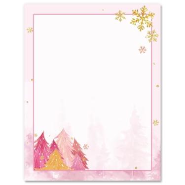 Imagem de AnyDesign Papel timbrado com 60 folhas de papel timbrado de árvore de Natal de um lado, floco de neve, papel de carta, rosa, papel de escrita, notas, papel de saudação para convite de inverno,