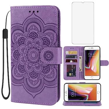Imagem de Bohefo Capa para iPhone 6, capa carteira para iPhone 6S com protetor de tela de vidro temperado, capa flip de couro mandala em relevo com suporte para cartão de crédito para Apple iPhone 6 roxo