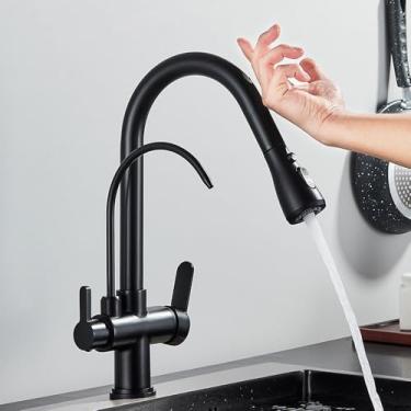 Imagem de Filtro de sensor de toque Torneira de cozinha Torneira de cozinha de latão com água pura Torneira misturadora retrátil Giratória de água quente e fria Modo 2 vias, Preto fosco