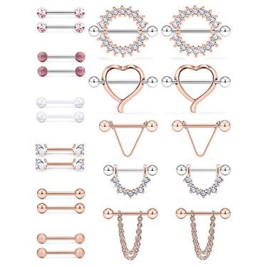 Imagem de SCERRRING Anéis de mamilo 14 G de aço inoxidável para mamilos CZ Coração Lingueta Escudo Barra Anéis Retentor Corpo Piercing Joia para mulheres 9/16 polegadas 11 pares