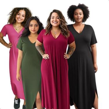 Imagem de Kit 4 Vestido Midi Feminino Longo Liso Com Fenda E Bolsos - Contramão 