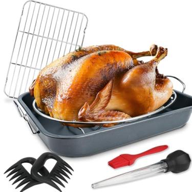 Imagem de CLAVANY Assadeira de peru de aço inoxidável com assadeira antiaderente para defumador BGE, grelha e forno de Ação de Graças com rack de resfriamento para defumar e grelhar, assar frango e vegetais