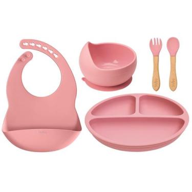 Imagem de Kit Refeição Bebê Babador + Pratinho + Bowl + Talheres Buba, Rosa