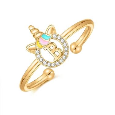 Imagem de CIVOKINA Anéis delicados de unicórnio com inicial para meninas, banhado a ouro 14 quilates/ouro rosa/prata para meninas, lindo anel infantil hipoalergênico, ajustável, com letras para presentes para