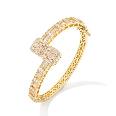Imagem de Pulseira de diamante baguete gelado para mulheres, Hip Hop masculino 14 k pulseira de zircônia cúbica banhada a ouro prata, pulseira de punho coração feminino com caixa de joias, 8inch, Cobre, Zircônia cúbica