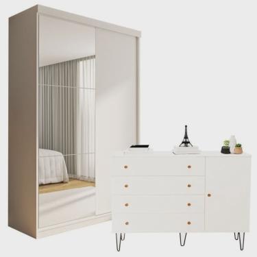 Imagem de Conjunto Guarda Roupa Solteiro Premium 138cm 2 Portas e Cômoda 129,5cm 1 Porta 4 Gavetas Minastex