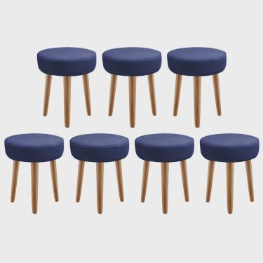 Imagem de Kit 07 Banqueta Alta Julia Industrial 55cm Pé Palito Carvalho Suede Azul Marinho - Ahz Móveis